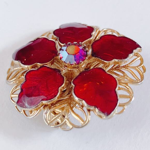 Vintage Mid Century Red Enamel Flower Brooch Aurora Borealis Gold Tone Pin 1960s - Picture 5 of 9